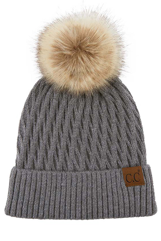 Solid Honey Comb Fur Pom C.C. Beanie Hat