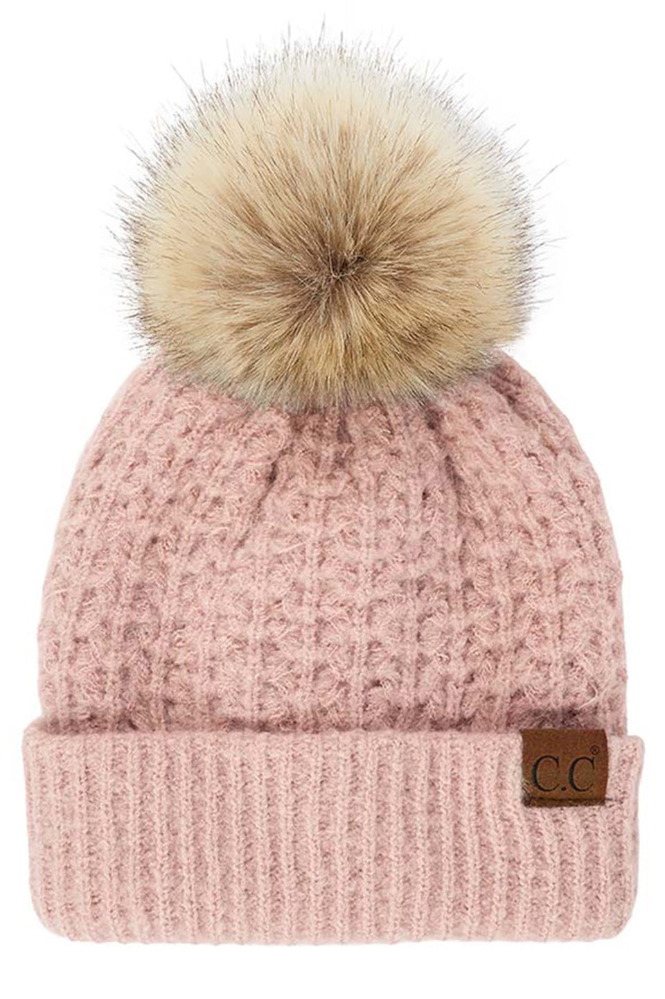 Solid Smocked Stitch Fur Pom C.C. Beanie Hat