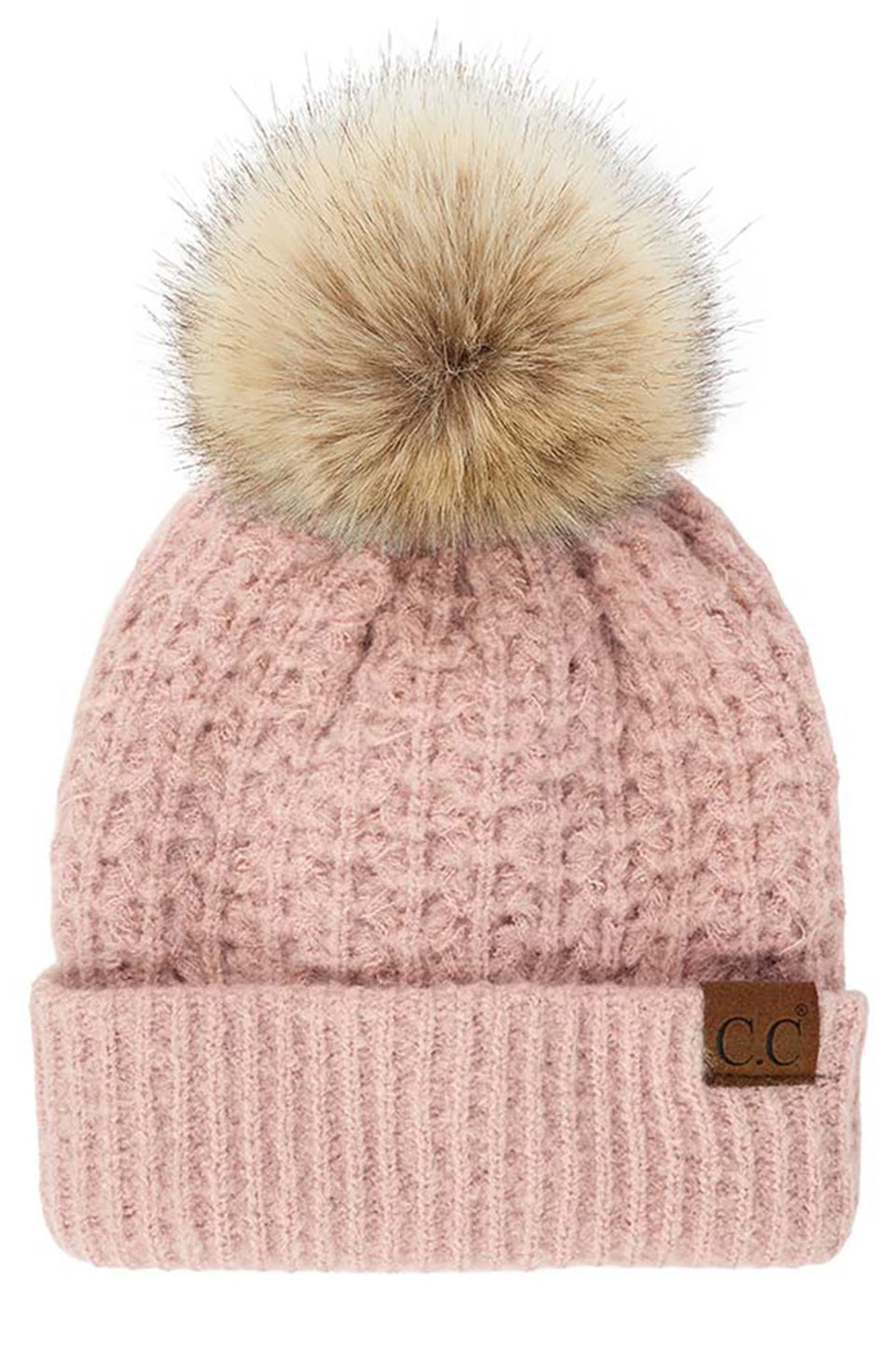 Solid Smocked Stitch Fur Pom C.C. Beanie Hat – callistarose display picture 3