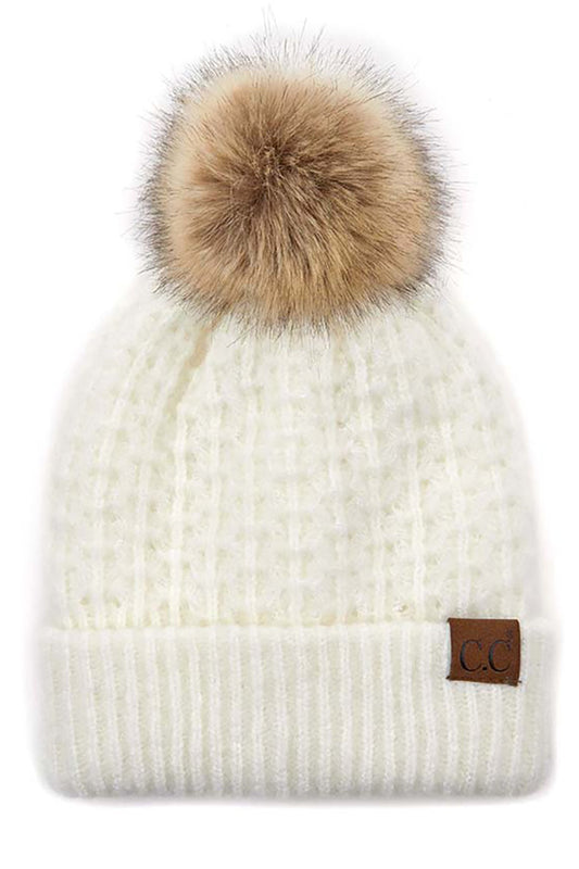 Solid Smocked Stitch Fur Pom C.C. Beanie Hat